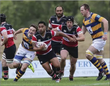  ??  ?? Wicklow’s Billy Ngawini makes a line break against Monkstown. Photos: Garry O’Neill