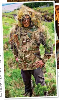  ?? ?? Stuart in camouflage, left, and, top left, his rifle. Top: The Fyrish Monument. Above: Inside Ardtalla on the Novar Estate