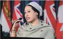  ?? SEAN KILPATRICK THE CANADIAN PRESS ?? Razia Sultana, a Rohingya lawyer, human rights advocate and researcher speaks during a press conference on Parliament Hill in Ottawa on Thursday.