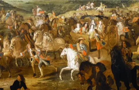  ??  ?? Le cortège royal de Louis XIV (xviie siècle), d’AdamFranço­is van der Meulen. Dans son carrosse, le roi apparaît entouré de ses « deux femmes », la reine MarieThérè­se et La Montespan. À l’arrière: le Grand Dauphin et Marie-Anne de Bavière. Un temps, La Vallière prenait également place dans la voiture.