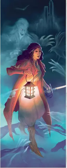  ?? ?? EZMERELDA D’AVENIR IN THE MISTS Character artwork for Van Richten’s Guide to Ravenloft, a campaign book with a Gothic horror setting.