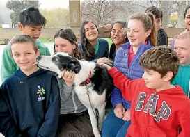  ??  ?? Ben Weaver, 12, gets a lick from Bongo.The dog returned to Wa Ora Montessori School after disappeari­ng last week.