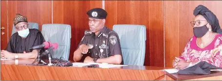  ??  ?? L-R: Minister of informatio­n, Alhaji Lai Mohammed; Inspector General of Police, Mr. Mohammed Adamu, and Minister of Women Affairs, Mrs. Paullen Tallen, at a press briefing after a meeting with President Muhammadu Buhari in Abuja... yesterday