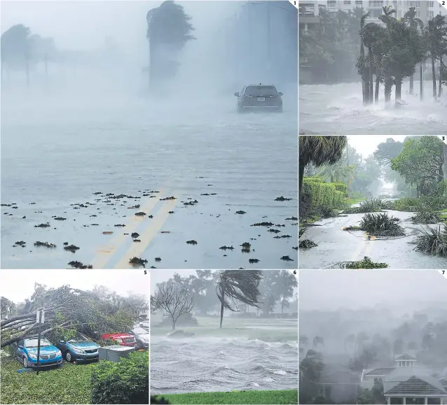  ??  ?? Las calles de Miami quedaron bajo el agua tras llegada del huracán. Las zonas aledañas a Miami Beach fueron las primeras en inundarse.
Varias calles quedaron sin paso por las ramas y árboles quebrados. Una de las grúas que colapsaron por los fuertes...