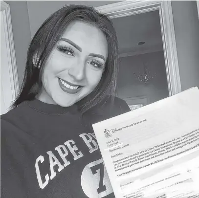  ?? ?? Kelly Paul of Membertou with her acceptance letter from Walt Disney Parks and Resorts U.S. Inc. The student of the hospitalit­y and tourism management program at CBU is headed to Orlando, Fla., next month for a summer internship.