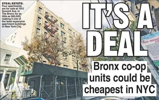  ??  ?? STEAL ESTATE: Four apartments are for sale at 1015 Summit Ave. in The Bronx for as little as $60,000, making it one of the least expensive apartment buildings in New York City.