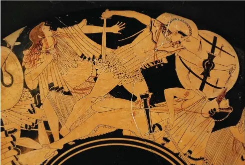  ??  ?? Trojan warriors confront the Greeks on a fifth-century BC red-figure terracotta cup. Accounts of the Trojan War ascribed to Homer were the most revered chronicles in the ancient Greek historical canon – but, Paul Cartledge suggests, they may be...