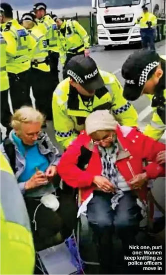  ??  ?? Nick one, purl one: Women keep knitting as police officers move in