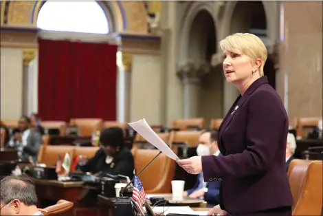  ?? PHOTO PROVIDED ?? Assemblywo­man Mary Beth Walsh (R,C-Ballston) speaks on the floor of the NYS Assembly.