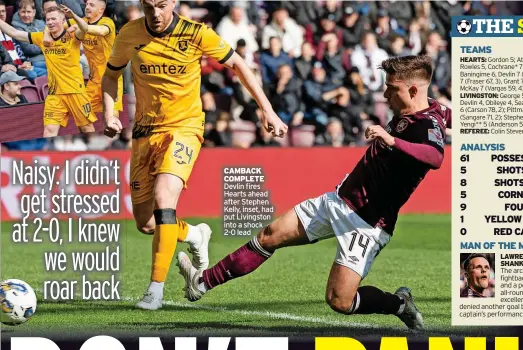  ?? ?? CAMBACK COMPLETE Devlin fires Hearts ahead after Stephen Kelly, inset, had put Livingston into a shock 2-0 lead