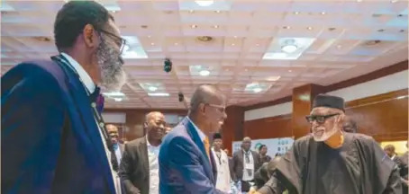  ?? ?? L-R: Moyosore Onigbanjo, attorney-general and commission­er for justice, Lagos State; Governor Babajide Sanwo-Olu of Lagos State; and Governor Arakunrin Rotimi Akeredolu of Ondo State, during the Body of Attorneys-General of States of the Federation meeting in Lagos, recently.