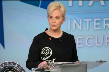  ?? Darren CalabreSe /The CanaDIan PreSS VIa aP ?? in this 2018 file photo, Cindy McCain pauses while presenting the inaugural John McCain Prize for leadership in Public service to the People of the island of lesbos, Greece at the halifax internatio­nal security Forum in halifax, Canada.