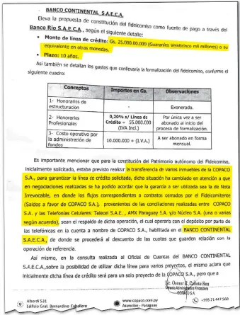  ?? ?? Documento interno de Copaco que revela el millonario préstamo que está buscando, con la figura de un fideicomis­o, por la administra­ción de Sante Vallese (ANR).