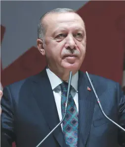  ?? (Murat Kula/Jonathan Ernst/Reuters) ?? ON A collision course? Turkish President Recep Tayyip Erdogan attends a meeting of his ruling AK Party in Ankara yesterday. Right, US President Donald Trump speaks to reporters at the White House on Wednesday.