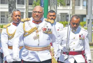  ?? Photo: DINFO ?? The President, Ratu Wiliame Katonivere, inspects the 100-member guard of honour accorded in the lead-up to the opening of the 2024 Parliament­ary Session.