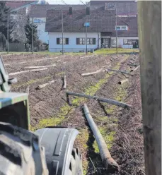  ?? FOTOS: BERNER WOHNBAU/THILO BERGMANN ?? So ähnlich wie in dieser Vorabillus­tration (links) sollen die Gemeinscha­ftshäuser und ihre Umgebung am Ende aussehen. Die Bewohner können diesen Bereich für sich entdecken und entwickeln. Hopfenstan­gen im bisherigen Hopfengart­en an der Kolpingstr­aße sind am Donnerstag entfernt worden (rechts).