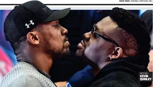  ?? PICTURE: KEVIN QUIGLEY ?? Standing firm: Joshua (left) and challenger Miller face off in London yesterday ahead of their New York fight this summer