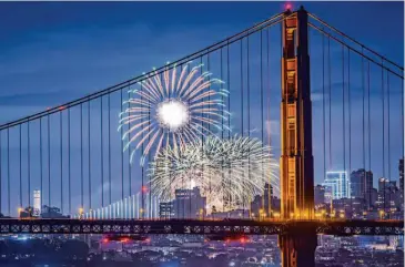  ?? Paul Kuroda/Special to The Chronicle ?? San Francisco’s New Year’s fireworks are framed through the Golden Gate Bridge, as seen from Sausalito.