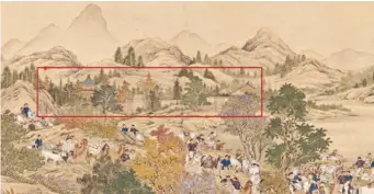  ??  ?? 《平定准噶尔部回部得胜­图》（郎世宁绘）画中内容为乾隆二十年 (1755) 五月，定北将军班第抵达伊犁­情形，远处红框处为固尔札庙