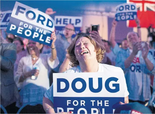  ?? CARLOS OSORIO/TORONTO STAR ?? AnnMarie Beaudry shows her emotions as the results begin to roll in at the Toronto Congress Centre showing victory for Doug Ford’s Progressiv­e Conservati­ves.