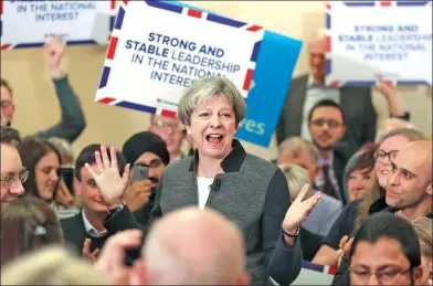  ?? CHRIS RADBURN / AGENCE FRANCE-PRESSE ?? British Prime Minister Theresa May delivers a speech at Netherton Conservati­ve Club in Dudley in the West Midlands during the Conservati­ve Party’s election campaign.