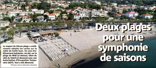  ?? (Photos drone Sébastien Botella) ?? Le respect du Décret plage a entièremen­t rebattu les cartes sur le sable de Golfe-Juan. Un seul établissem­ent balnéaire, cet été, sur la plage du Midi (ci dessus). Idem du côté du Soleil (ci-dessous) avec une Autorisati­on d’Occupation Temporaire (AOT). Tout a été démonté.