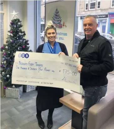  ??  ?? Pictured: Lynsey Taylor from TSB, Broughty Ferry, presents a cheque to Steve James BFTA Chairman.