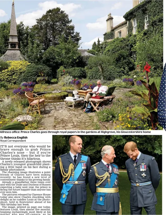  ??  ?? Alfresco office: Prince Charles goes through royal papers in the gardens at Highgrove, his Gloucester­shire home Military trio: He poses with Princes William and Harry in their RAF uniforms