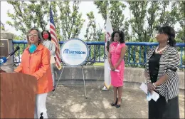  ?? TED SLOWIK/DAILY SOUTHTOWN ?? U.S. Rep. Robin Kelly, from left, Matteson Mayor Sheila Chalmers-Currin, Cook County Commission­er Donna Miller and state Rep. Debbie Myers-Martin speak about racial injustice at the Unity Bridge in Matteson.