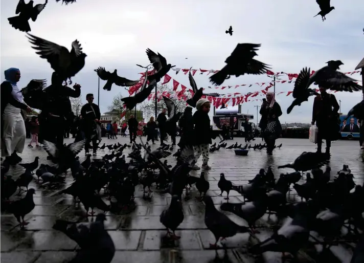  ?? Photo : AP/Khalil Hamra. ?? People feed pigeons in the Eminonu district in Istanbul, Turkey, on Thursday, April 27, 2023.