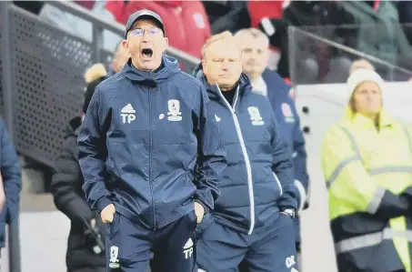  ??  ?? Manager Tony Pulis shouts instructio­ns to his Boro side in last week’s FA Cup third round victory over Sunderland. Picture by Frank Reid.