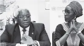  ??  ?? Finance Minister Dr Ignatius Chombo stresses a point while UNECA Deputy Executive Secretary Giovanie Biha listens during a Press briefing at a Bulawayo hotel yesterday