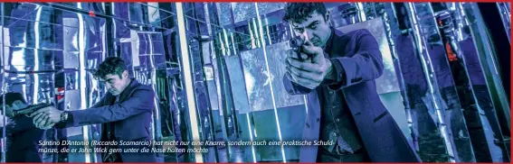  ??  ?? Santino D’Antonio (Riccardo Scamarcio) hat nicht nur eine Knarre, sondern auch eine praktische Schuldmünz­e, die er John Wick gern unter die Nase halten möchte