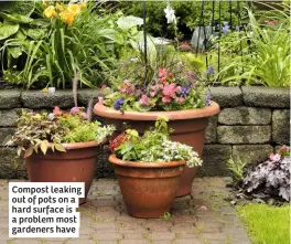  ??  ?? Compost leaking out of pots on a hard surface is a problem most gardeners have