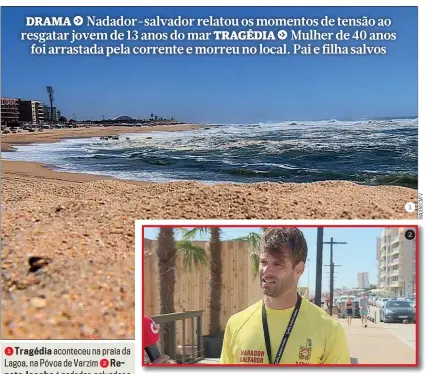  ?? ?? 1 Tragédia aconteceu na praia da Lagoa, na Póvoa de Varzim 2 Renato Jacobs é nadador-salvador e resgatou menina de 13 anos da água
1
2