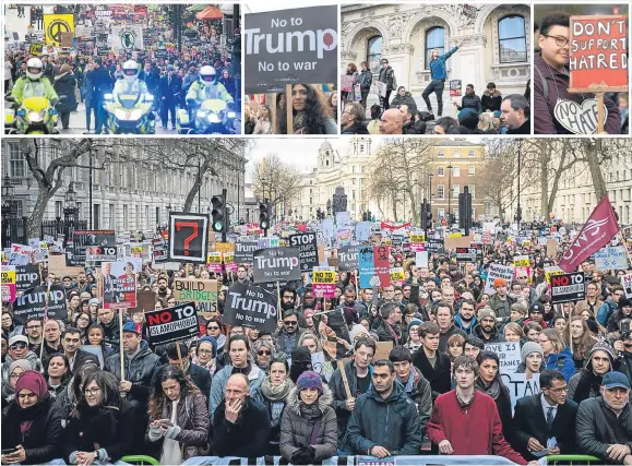  ??  ?? Thousands of protesters marched through the streets of London yesterday, calling for Theresa May to end her ‘collusion’ with the President.