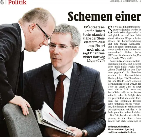  ??  ?? Widerspruc­h im Haus: Finanzmini­ster Löger (re.) und Staatssekr­etär FuchsAPA