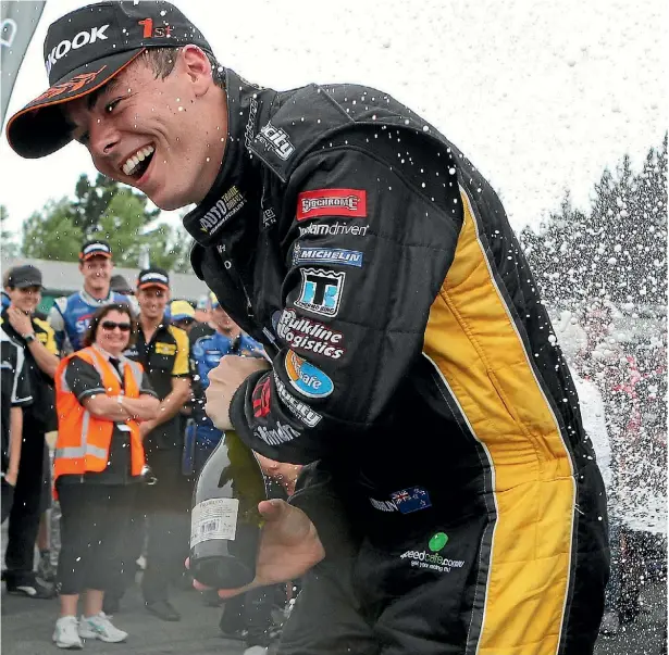  ??  ?? Scott McLaughlin, left, and Jonathon Webb celebrate winning the V8 Supertoure­rs championsh­ip at Ruapuna in 2012.