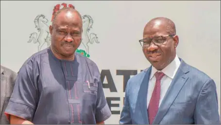  ??  ?? Governor Godwin Obaseki of Edo State (right), with the Vice Chancellor of the University of Benin, Prof. Faraday Orumwense, after a meeting with the governor at the Government House in Benin City...yesterday