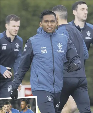  ??  ?? Alfredo Morelos trained with Rangers yesterday but will not be involved against Dundee tomorrow lunchtime following his red card against Aberdeen on Wednesday.