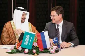  ??  ?? Unlikely allies: Khalid and Novak at a joint briefing in Beijing recently. The Saudi and Russian ministers are allies with a common cause – boosting oil prices. – Reuters