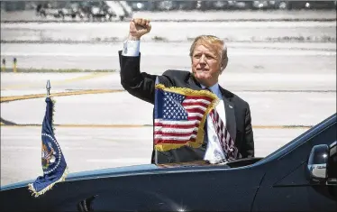  ?? MELANIE BELL / THE PALM BEACH POST ?? President Donald Trump arrives in West Palm Beach on Monday. Trump and a slew of top advisers will prepare for this week’s “working visit” with Japanese Prime Minister Shinzo Abe.