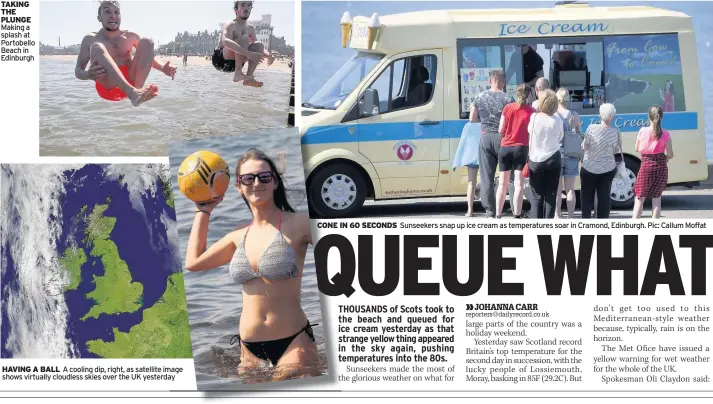  ??  ?? TAKING THE PLUNGE Making a splash at Portobello Beach in Edinburgh HAVING A BALL A cooling dip, right, as satellite image shows virtually cloudless skies over the UK yesterday CONE IN 60 SECONDS Sunseekers snap up ice cream as temperatur­es soar in...