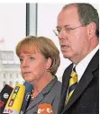  ?? FOTO: JENSEN/DPA ?? Kanzlerin Angela Merkel (CDU) und der damalige Finanzmini­ster Peer Steinbrück (SPD) stehen im Oktober 2008 vor der Presse.