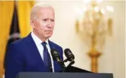  ?? AP FILE PHOTO/ANDREW HARNIK ?? President Joe Biden speaks about Russia in the East Room of the White House in Washington. In recent days, Biden has piled new sanctions on Russia, announced he would withdraw all U.S. troops from Afghanista­n in less than five months and backed away from a campaign promise to sharply raise refugee admission caps.