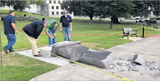  ?? Jill Zeman Bleed Associated Press ?? “THIS REALLY was a horrifying surprise,” Arkansas state Sen. Jason Rapert said of the destructio­n of the monument on the state Capitol grounds in Little Rock.