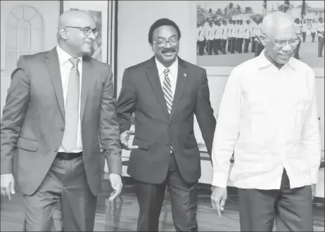  ?? (Ministry of the Presidency photo) ?? From left are Opposition Leader Bharrat Jagdeo, Attorney General Basil Williams and President David Granger, who met at State House yesterday.