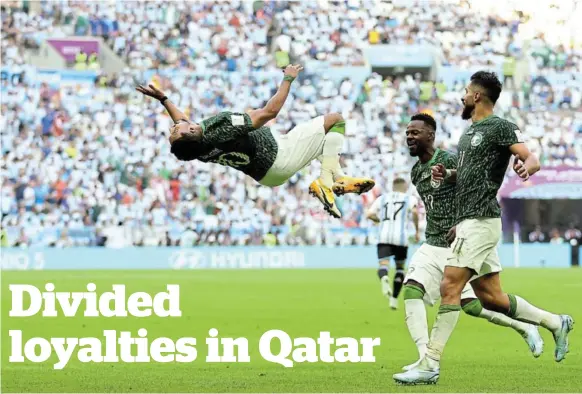  ?? /HANNAH MCKAY / REUTERS ?? Saudi Arabia’s Salem Al-Dawsari celebrates scoring their second goal with teammates against Argentina in Lusail Stadium, Lusail, Qatar.