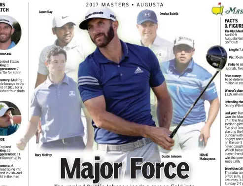  ??  ?? Jason Day Rory McIlroy Jordan Spieth Dustin Johnson Hideki Matsuyama