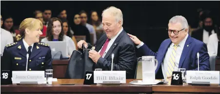  ?? CP ?? RCMP Assistant Commission­er Joanne Crampton, Minister of Border Security and Organized Crime Reduction Bill Blair, and Public Safety Minister Ralph Goodale appear before MPs on Tuesday.